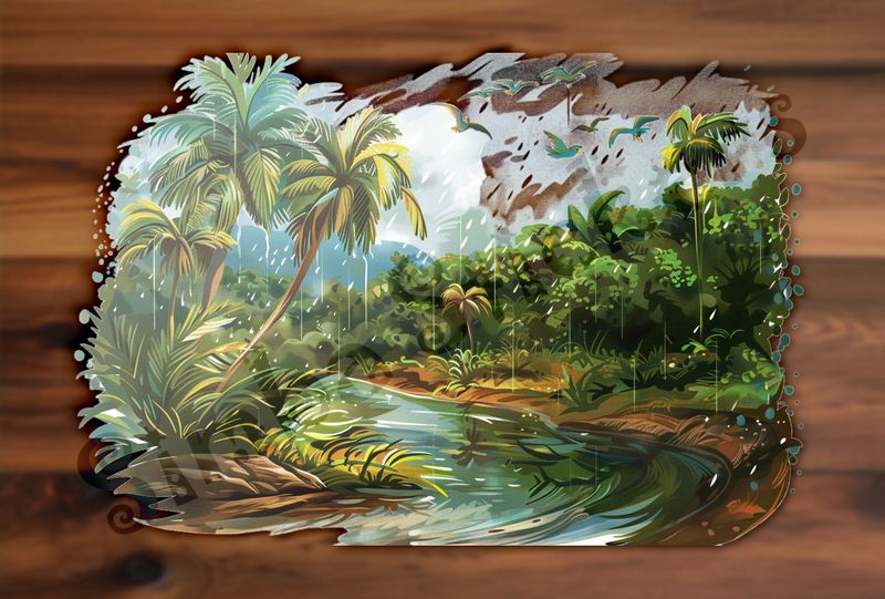 Equatorial Rainforest under the rain, with flowing river