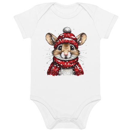 Organic Cotton Baby Bodysuit, 3-18 months, Mouse wearing red winter hat and scarf in the snow,xg8dl3