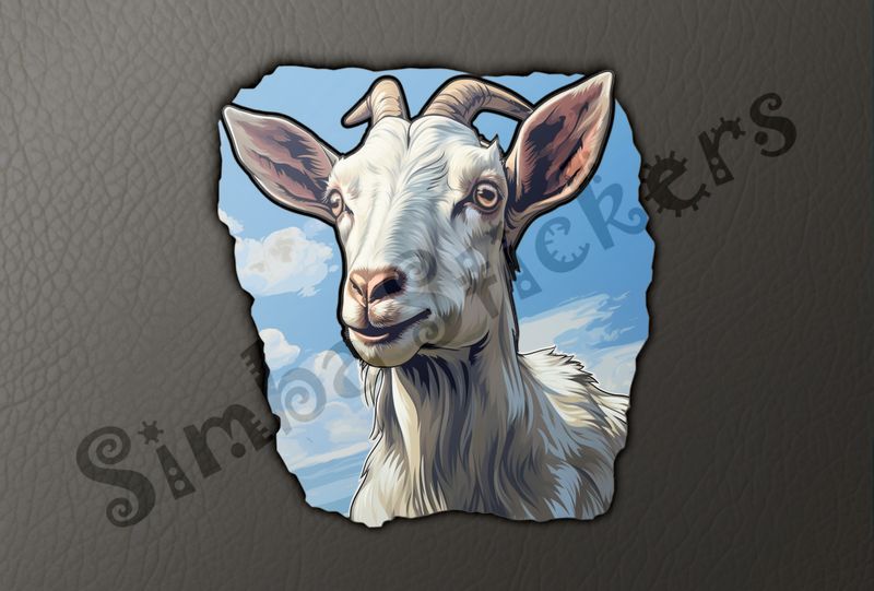 White goat standing against blue sky background