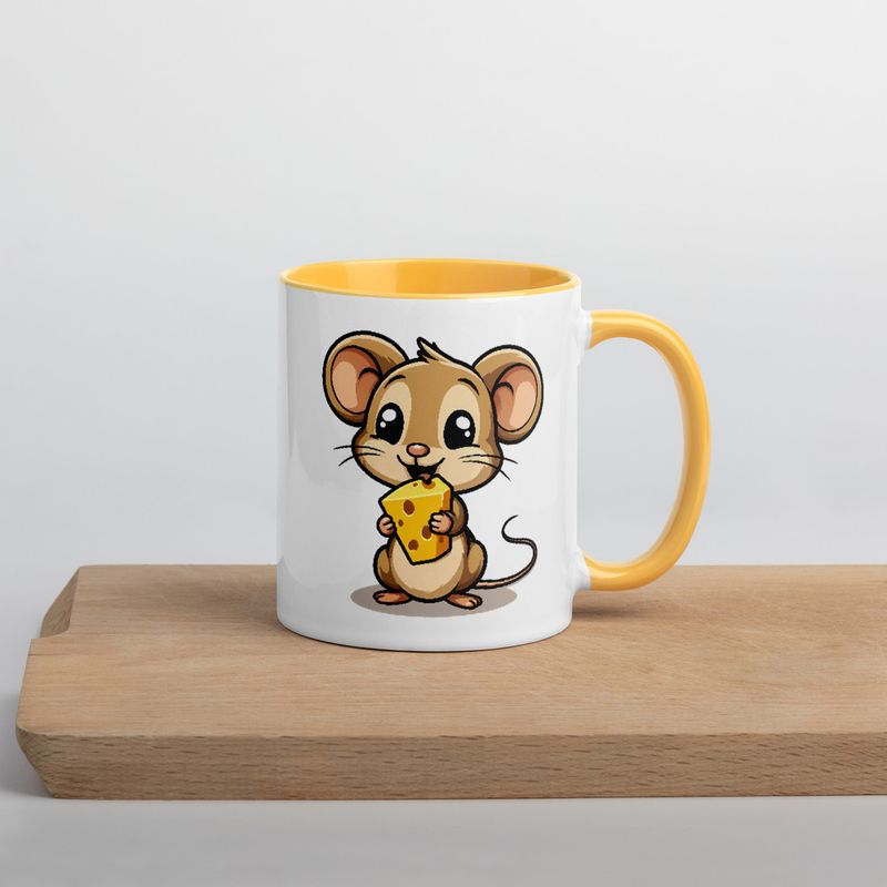 White Ceramic Mug with Color Inside,11&amp;15oz,Small Mouse happily licking large chunk of cheese,pqapy6