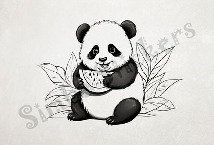 Panda happy holding watermelon, outline art, 9tbptt