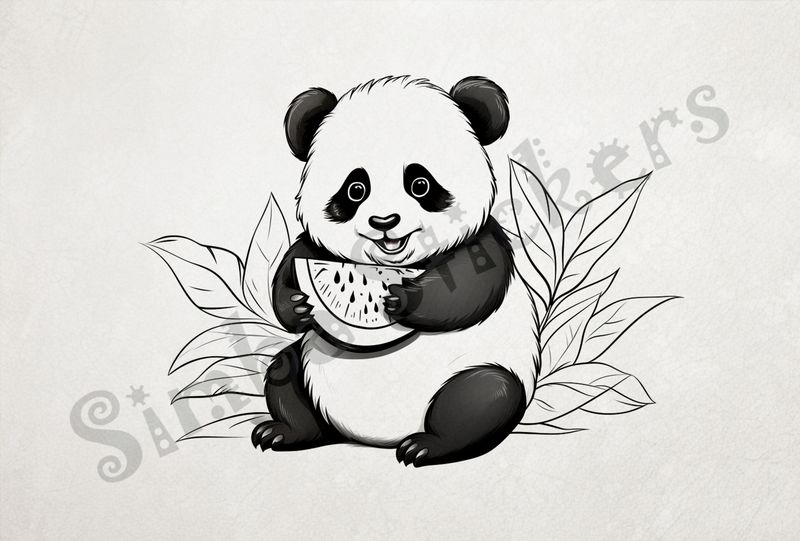 Panda happy holding watermelon, outline art, 9tbptt