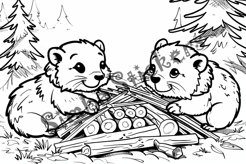 Colouring pages, bundle of beavers building beaver dam, 10 images