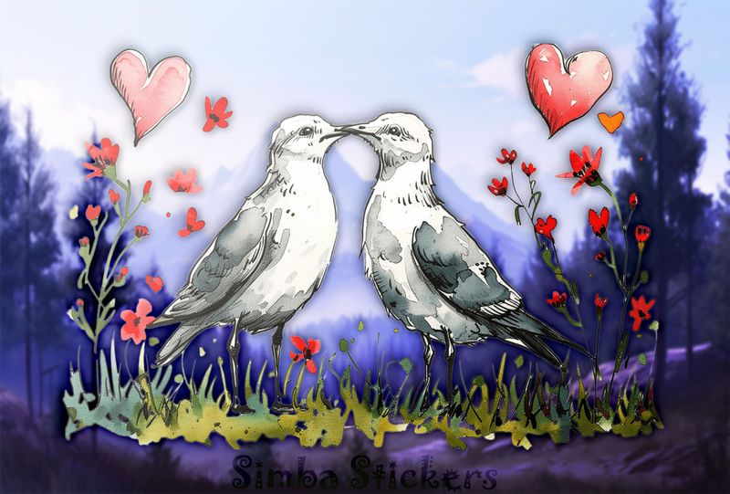 Seagulls in love beak-to-beak, Valentine&#x27;s hearts above, watercolour, phex4f