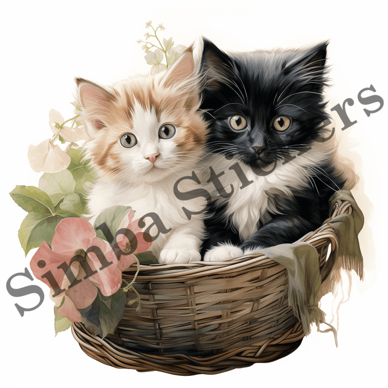 Japanese Bobtail cats cuddling in basket, image set, 10 images