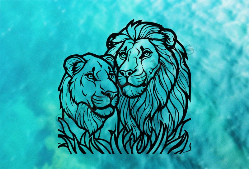 Lion with lioness, romantic, outline art