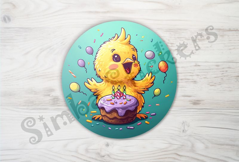 Jubilant Chick behind birthday cake with candles