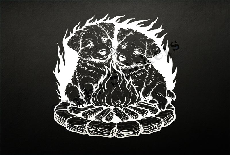 Dogs cuddling by a bonfire, romantic, outline art