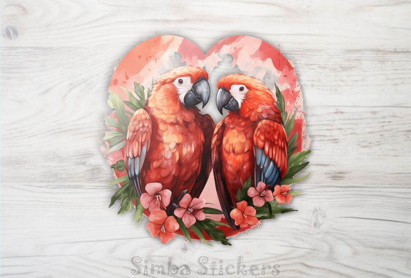 Reddish parrots in romantic reddish background, watercolour, ujfxjt