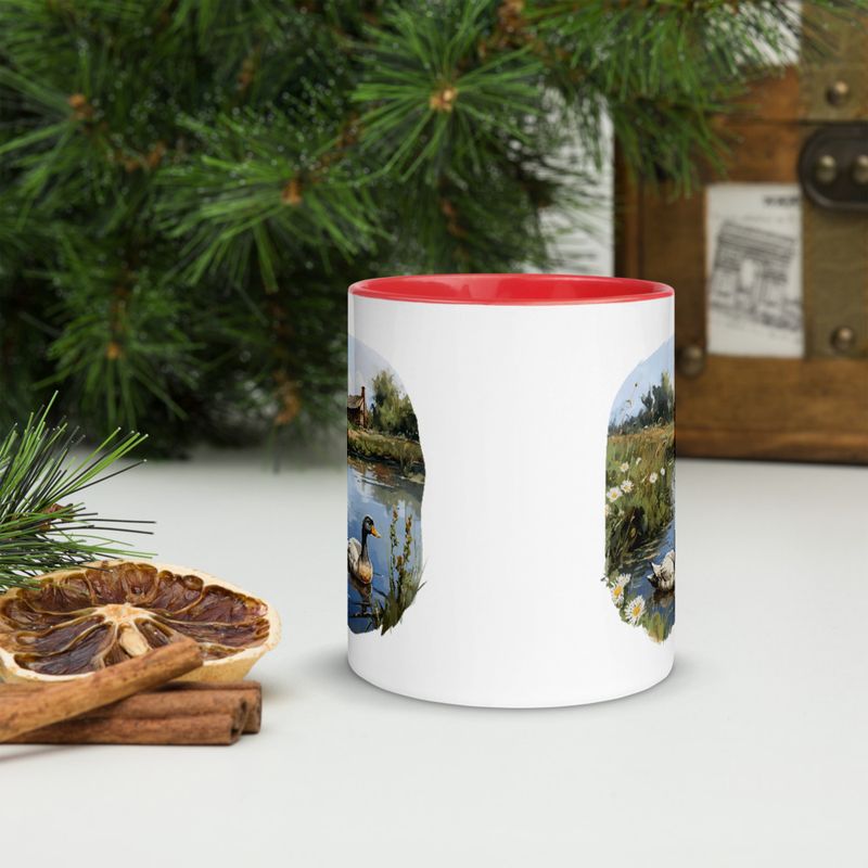 White Ceramic Mug with Color Inside, 11 &amp;15oz, Ducks in love swimming in farmhouse pond 