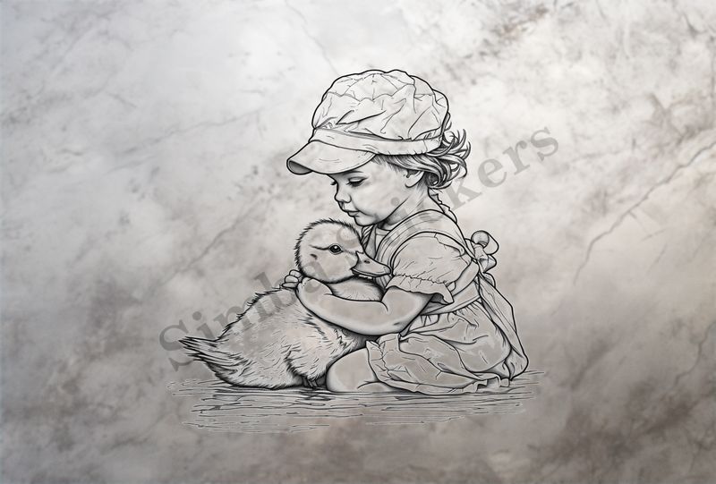 Small girl hugging duckling in a pond wearing a cap, outline art