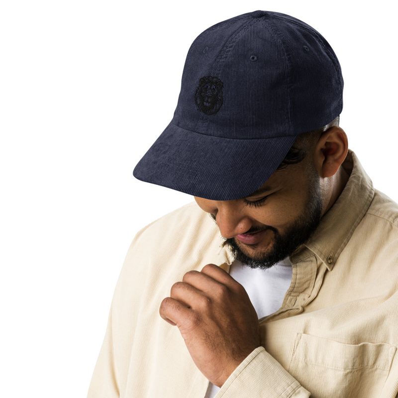 Vintage Corduroy Cap, Majestic lion face, outline art 