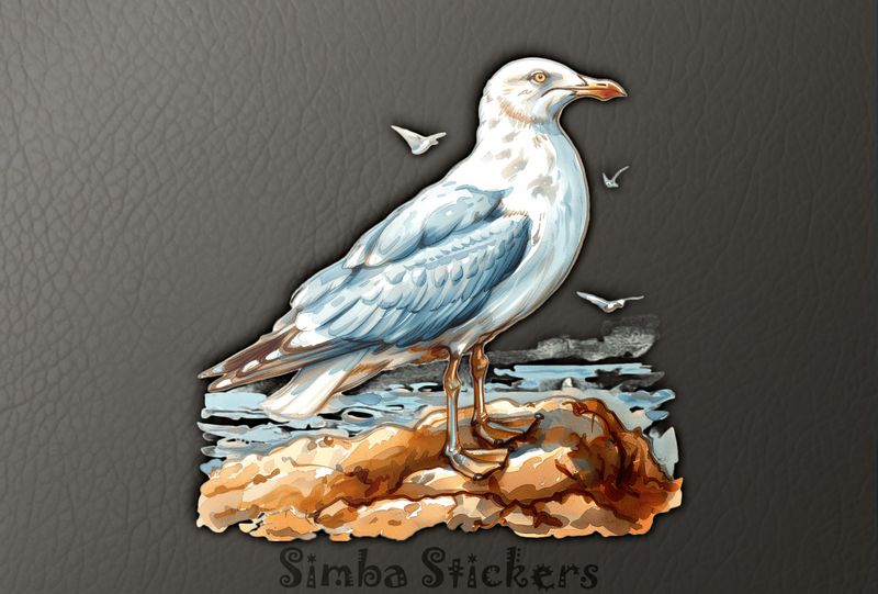 Seagull on small rocks by the beach, watercolour, unvow9