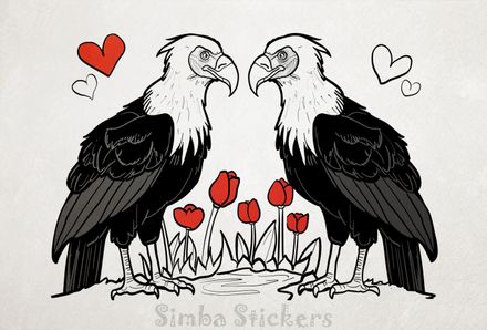 Vultures in love among flowers and Valentine&#x27;s hearts, outline art, v4k59g