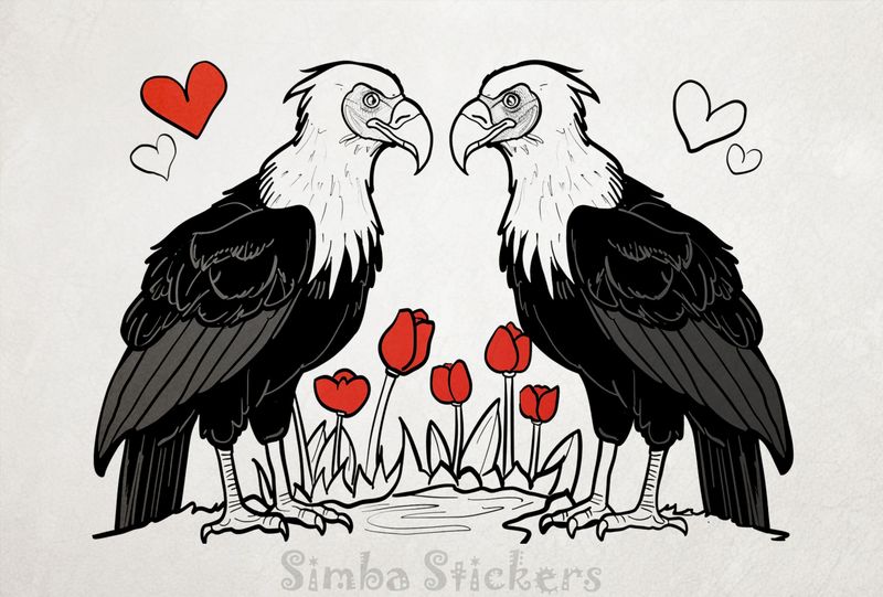 Vultures in love among flowers and Valentine&#x27;s hearts, outline art, v4k59g