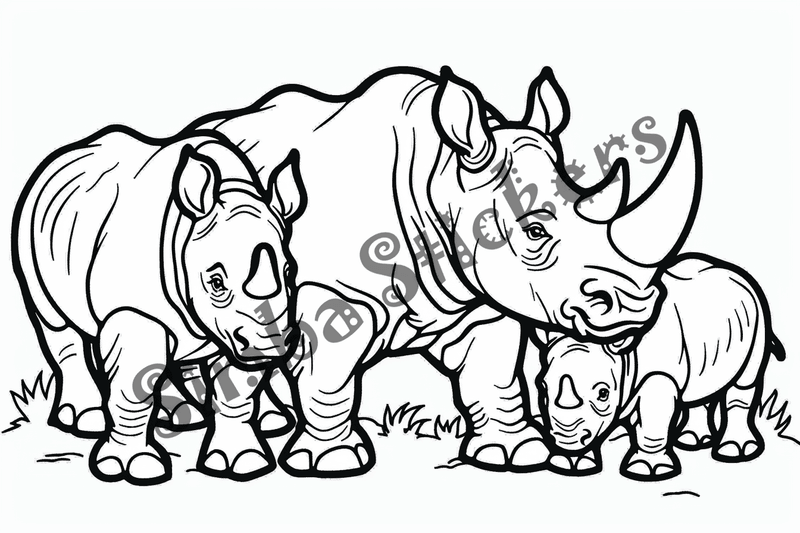 Colouring pages, bundle of rhino families, 10 images