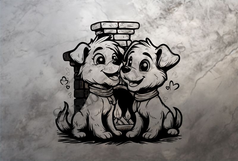 Cute dogs by the fireplace, outline art