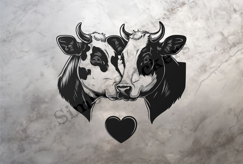Cattle, bull and cow cheek-to-cheek, heart in picture, outline art