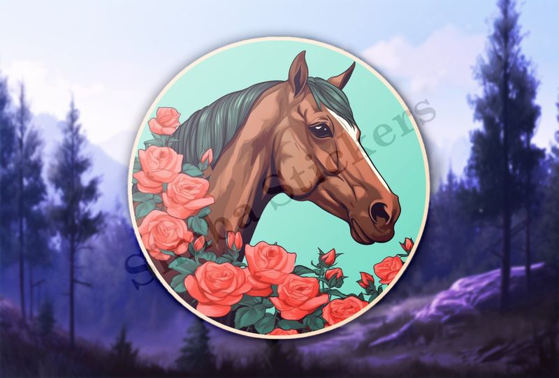 Brown horse smelling roses