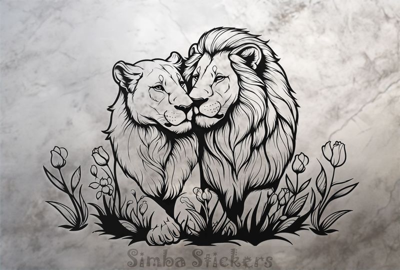 Male lion with lioness, outline art, kbdgyu