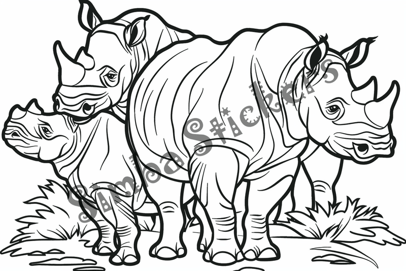 Colouring pages, bundle of rhino families, 10 images