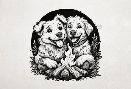 Dogs cuddling by the bonfire, outline art