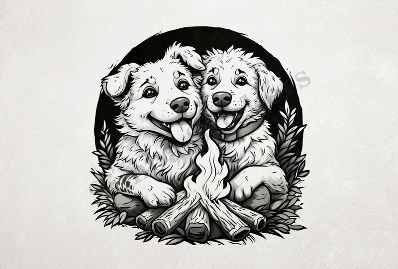 Dogs cuddling by the bonfire, outline art
