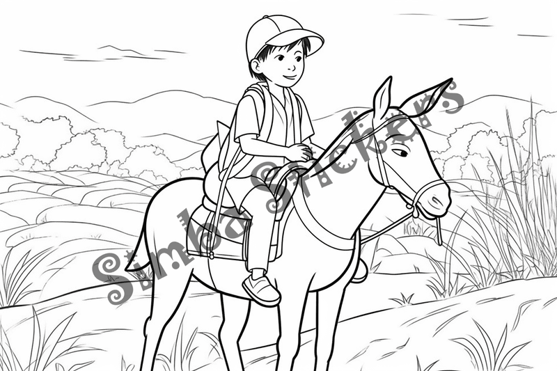Colouring pages, bundle of mules carrying passengers, 10 images