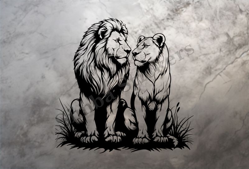Majestic lion with lioness nose-to-nose ,  outline art