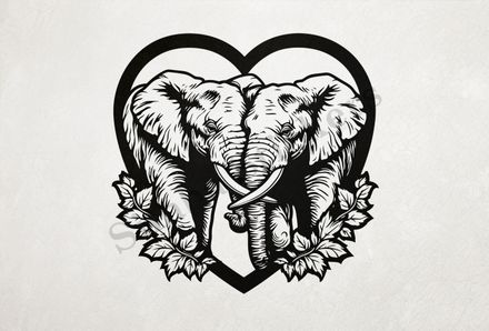 Elephants in love,  in romantic heart shape, outline art