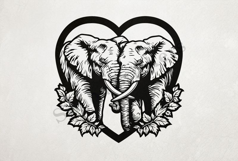 Elephants in love,  in romantic heart shape, outline art