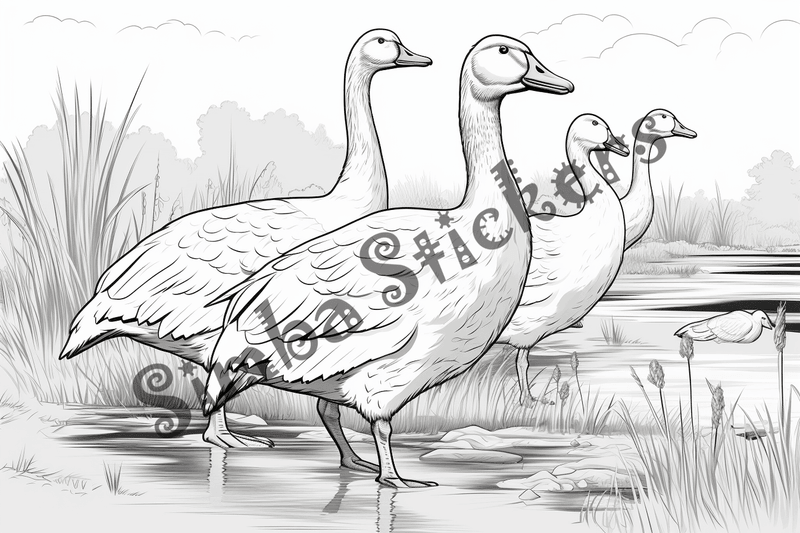 Colouring pages, bundle of geese in water, 10 images