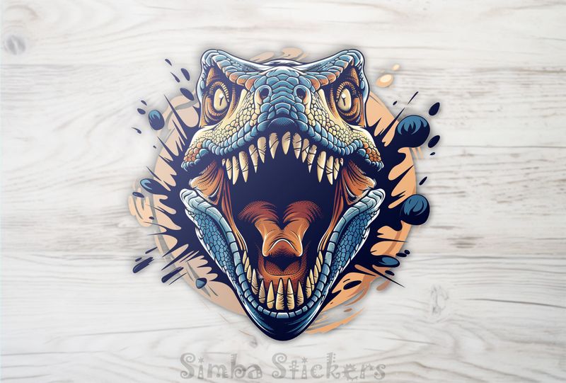 Dinosaur with blue skin roaring head-on