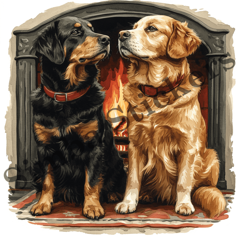 Dogs cuddling by fireplace, image set, 10 images