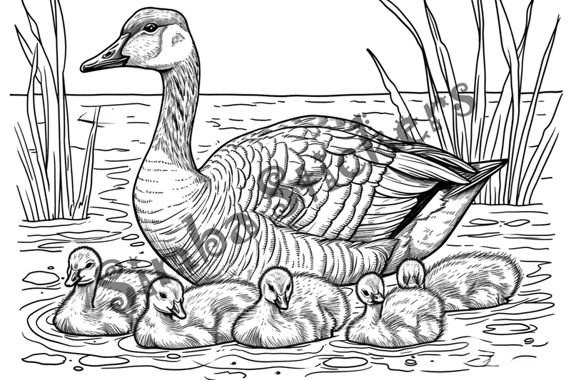 Colouring pages, bundle of geese with goslings, 10 images