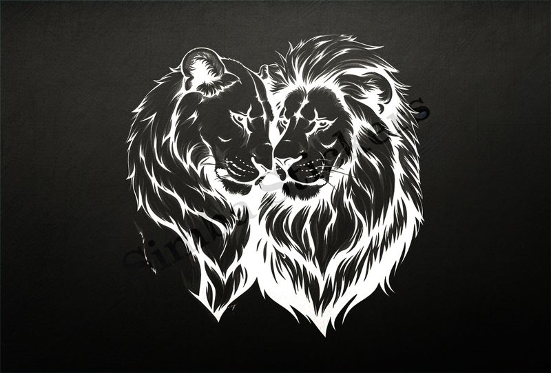 Lion leaning into  lioness, cuddling, outline art