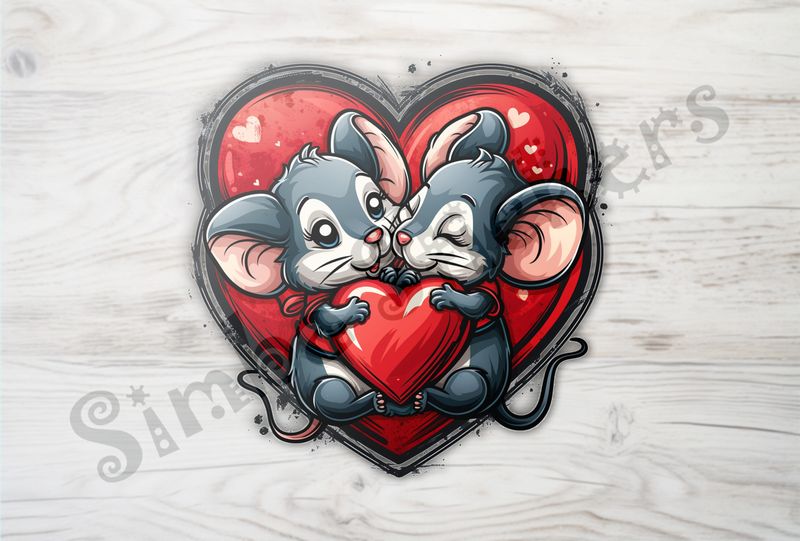 Mice in love cutely holding onto smaller Valentine&#x27;s heart tightly, inside larger heart, 3o6ler