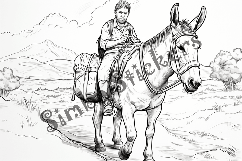 Colouring pages, bundle of donkeys carrying goods or people 10 images
