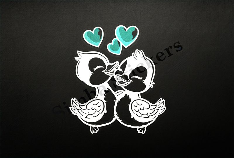 Ducklings in love, romantic hearts above them, outline art