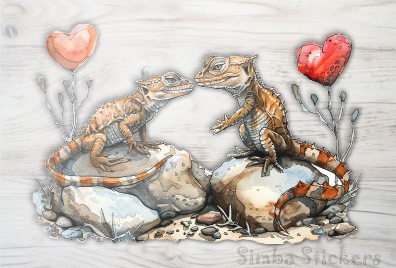Lizards in love on 2 rocks, watercolour