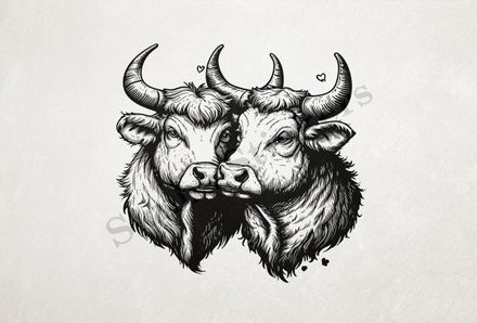 Cattle,  cheek-to-cheek, horns locked, outline art