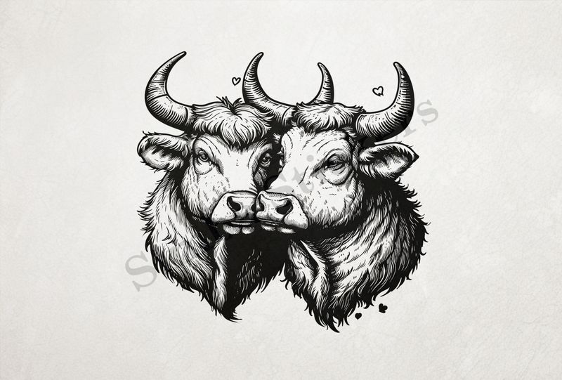 Cattle,  cheek-to-cheek, horns locked, outline art