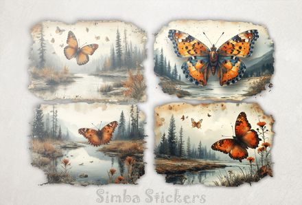 Butterflies floating above rivers, 4-in-1, vintage, ovoilc