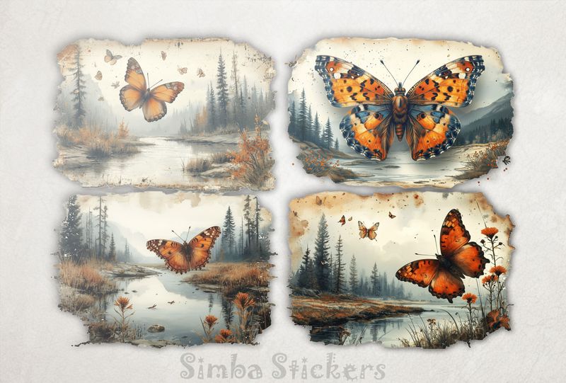 Butterflies floating above rivers, 4-in-1, vintage, ovoilc