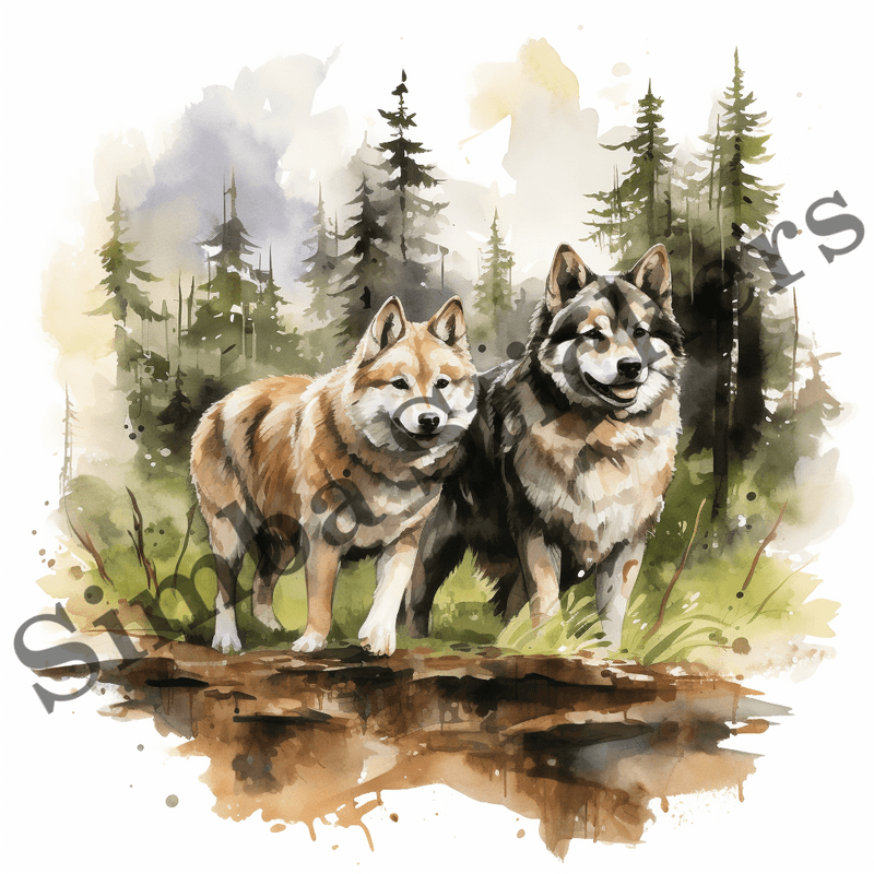 Akita dogs, watercolour, image set, 10 images
