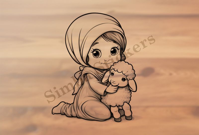 Lamb hugged by small Mediterranean girl in a veil, outline art