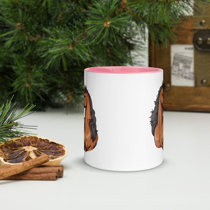 White Ceramic Mug with Color Inside, 11&amp;15oz, Two brown horses snuggling, tdwcyd