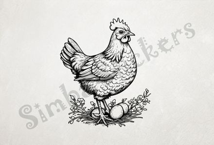 Hen brooding over its eggs, outline art