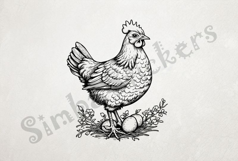 Hen brooding over its eggs, outline art