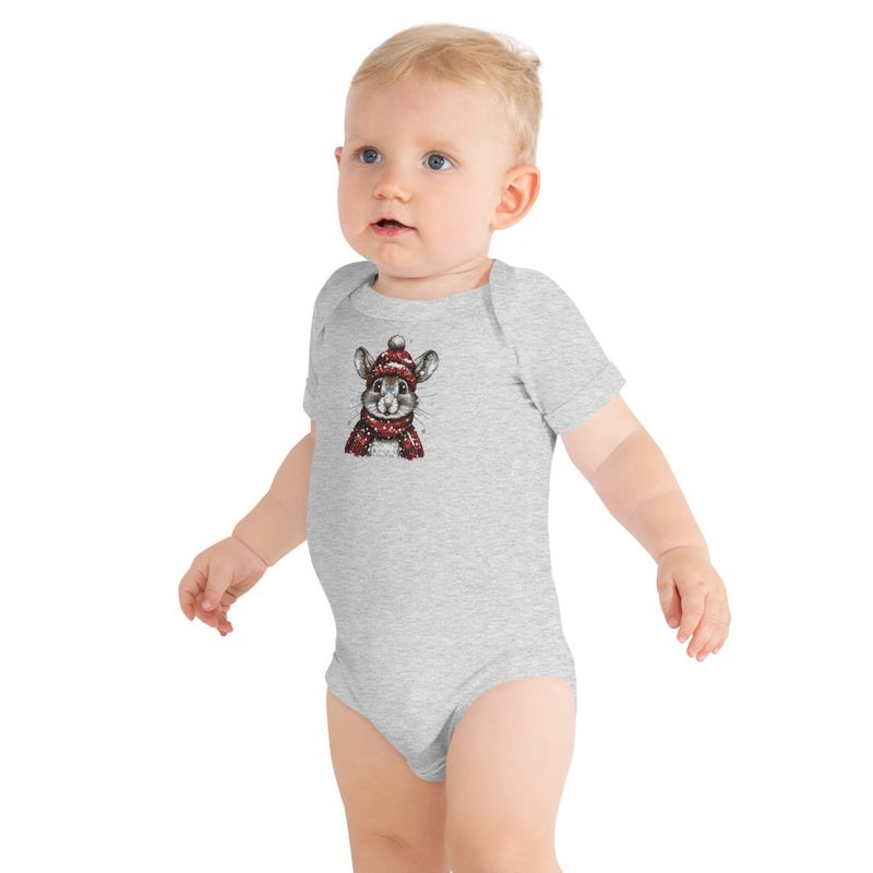 Embroidered Baby Short Sleeve One Piece, Mouse wearing red winter hat and scarf in the snow, xg8dl3